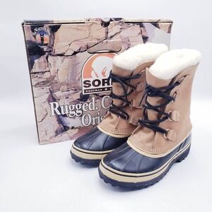 Sorel Caribou Snow Boots Buff Beige Leather Waterproof Winter Mens 7 Womens 9